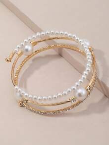 1pc Fashionable Exquisite Faux Pearl And Rhinestone Decorated Bracelet For Girls - Gold - View 4