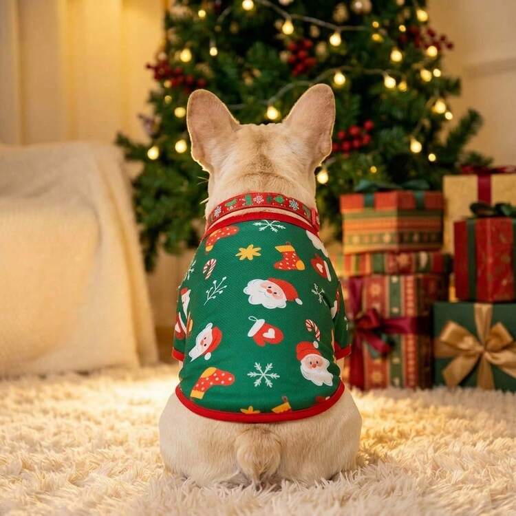 Red & Green Christmas Dog Clothes Set, 2pcs Pet Outfit With Bell Collar, Holiday Winter Vest For Small & Medium Dogs - Green - View 3