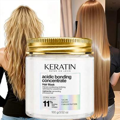 Mascarilla de Queratina para el Cabello, Mascarilla Concentrada de Reparación de Enlaces Ácida, Complejo de Cuidado de Enlaces al 11% con Ácido Cítrico de Grado de Salón, Protección del Color & Fortalecimiento para Cabello Permado, Teñido y Dañado, 100g