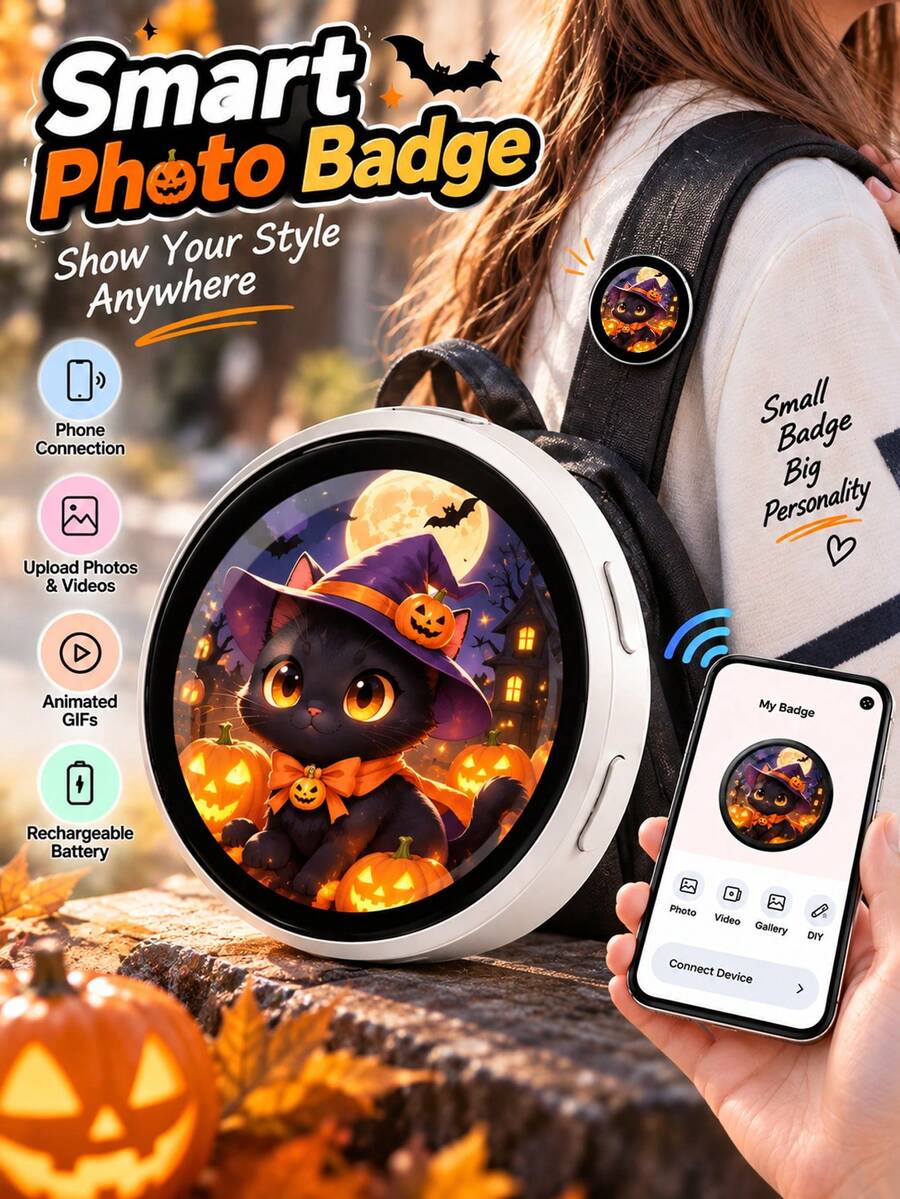 Smart Electronic Display Brooch, Digital Photo & Video Pendant Connectable To Phone, Rechargeable Screen Brooch, Supports Personalized Content, Creative Fashion Accessory, Christmas Halloween Birthday Valentine's Day Gift For Men & Women