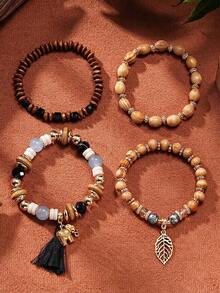4 Pcs/Set Bohemian Style Leaf Elephant Pendant Wooden Bead Tassel Bracelet Set - Black - View 2
