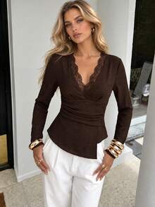 Minimalist Elegant Romantic Fashion Commuter Lace Patchwork Waist Pleated Asymmetric V-Neck Pullover Blouse, Fashion Asymmetric Wrap Pleated Detail Suitable For Spring And Autumn Wear - Coffee Brown - View 2