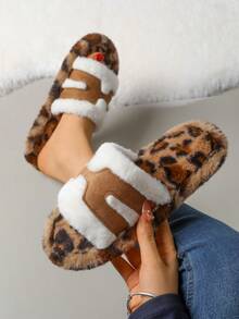 Color Block Plush Slippers Fuzzy Slip-On Flat Bottom Indoor Slip-On Fashion Women Shoes - Leopard - View 3
