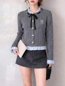 Women's Autumn/Winter Elegant Woven Frill Trim Patchwork Design Cardigan Knit Sweater - Grey - View 3
