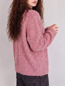 Women's Autumn/Winter New Pink Knitted Cardigan Jacket, Warm Round Neck Long Sleeve Button Short Sweater - Pink - View 2