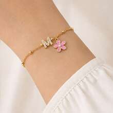 1pc Fashion Classic Initial Pink Color Flower Pendant Golden Stainless Steel Bead Chain Bracelets For Women - Bracelet - View 1
