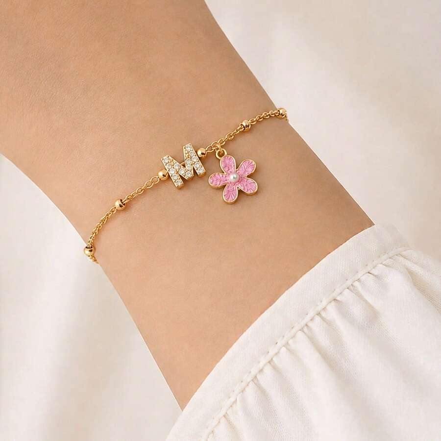 1pc Fashion Classic Initial Pink Color Flower Pendant Golden Stainless Steel Bead Chain Bracelets For Women - Bracelet - View 1