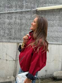 Fashion Plaid Stand Collar Zipper Short Jacket, Casual Loose Long Sleeve Outerwear, Suitable For Autumn - Red - View 8