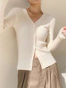 V-Neck Design, Thin Button, Long Sleeve, Striped Underarm Sweater, Women's Cardigan, Autumn/Winter, Back To School Season - Apricot - View 7