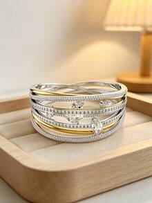 Gelang Wanita Seri Swarovski Hyperbola, Gelang Kristal Premium Terbuka, Perhiasan Fashion Logam Dua Warna Berlapis Rhodium, Aksesori Hadiah - Clear - View 4