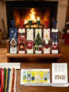 6pcs Christmas‑Themed Cross‑Stitch Bookmark Set, DIY Christmas Bookmark Kit, Medium‑Grid Three‑Strand Embroidery Thread, Christmas Tree, Bell, And Fireplace Pattern - Multiple Styles - View 6