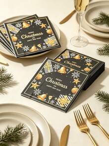 20pcs/40pcs Black & Gold Christmas Disposable Paper Napkins, Printed With "Merry Christmas" And "Happy New Year", Bell Snowflake Star Gift Pattern, Holiday Table Decor, Party Supplies - Napkins - View 2