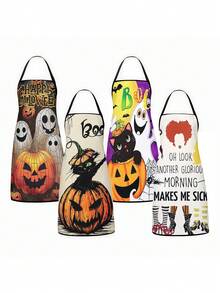 1pc/2Pcs/4Pcs Spooky Dark Halloween Apron, Witch Cauldron Haunted Castle Full Moon Pumpkin Print Apron, Cooking Baking Holiday Costume Apron - Multicolor - View 1