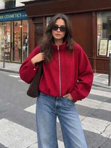 MUMRAP Women's Casual Plaid Long Sleeve Stand Collar Zipper Short Jacket - Red - View 5