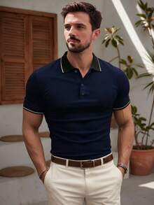 ALTZTAR 男士夏季商務聚酯纖維涼感 Polo 衫，休閒度假短袖 T-shirt - 藏蓝色 - 查看 1