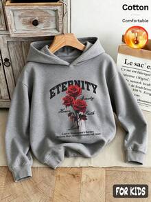 Fall/Winter 3 Pieces Set Girls' Fleece Hoodie Gray Long Sleeve Cotton Rose Print Graphic Y2K Style - Heather Gray+Heather Gray+Heather Gray - View 3
