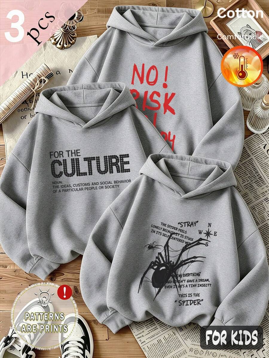 Autumn/Winter 3 Pieces Set Girls Fleece Hooded Sweatshirt, Grey Cotton Long Sleeve NO! RISE NO! STO, For Faith! Print Y2K Style - Heather Gray+Heather Gray+Heather Gray - View 1