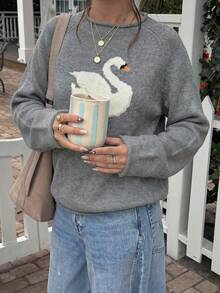 女款可愛休閒新款時尚秋季Y2K天鵝印花寬鬆長袖針織毛衣套頭上衣 秋冬外出穿搭服飾 - 灰色 - 查看 4
