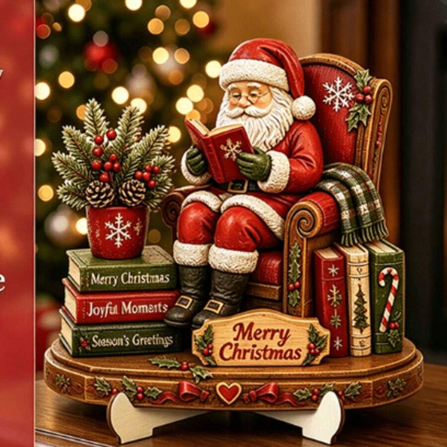 1pc Vintage Christmas Desktop Decor, Includes Santa Claus Reading Book, Lantern Design, Independent Bookshelf Fireplace Decoration, Suitable For Home Desk, Fireplace And Holiday Winter Scene Decor