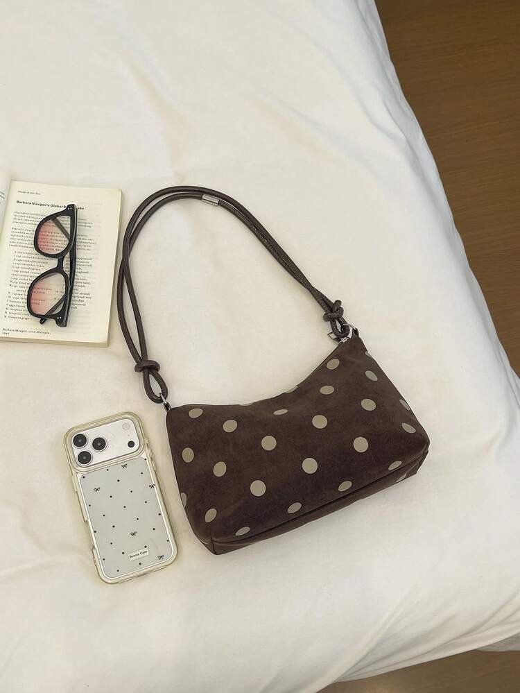 1 buah Tas Bahu Wanita Berbentuk Bulan Sabit Motif Polkadot Cokelat Kopi - Coffee Brown - View 3