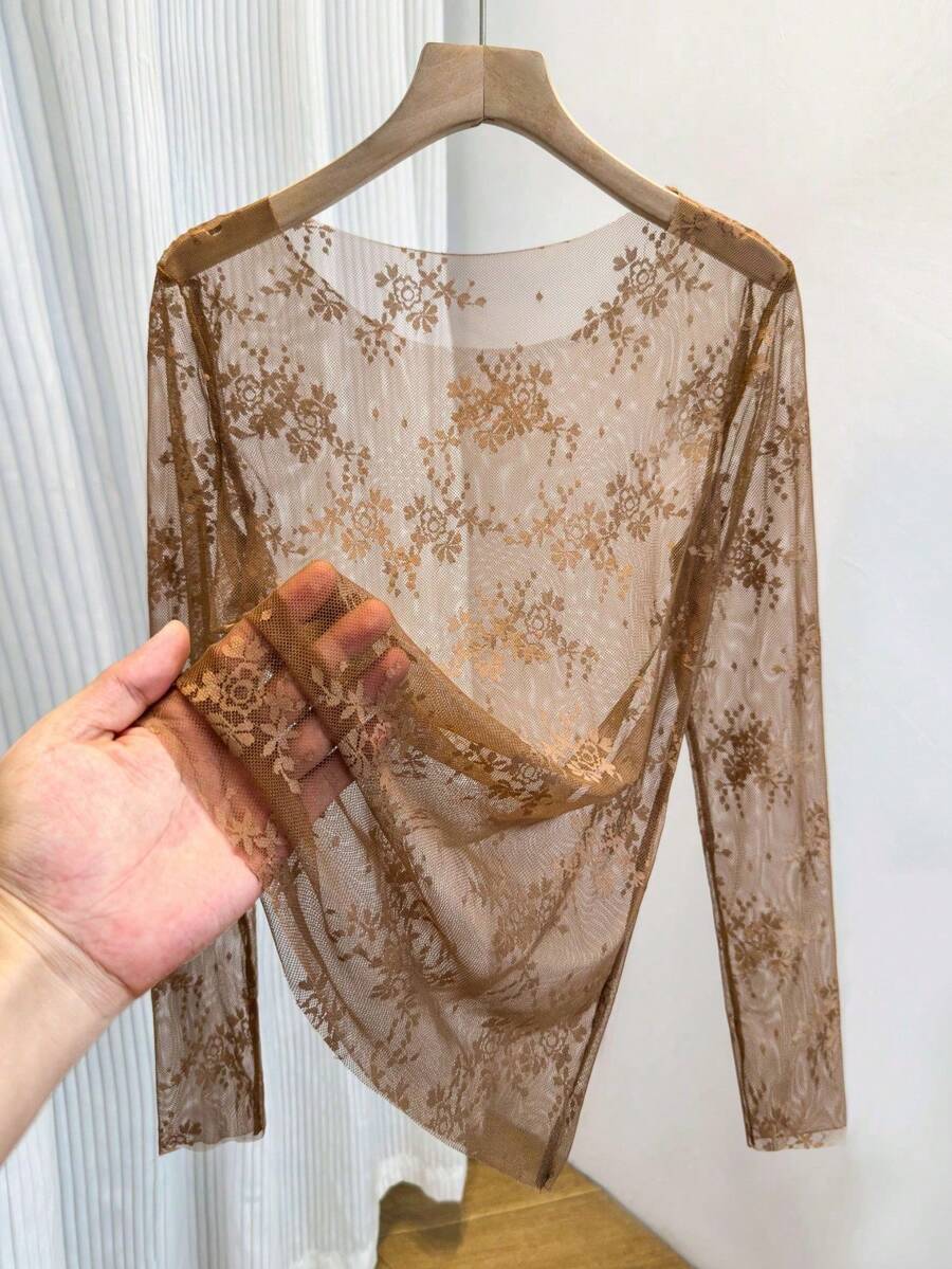 Women's Round Neck Floral Flocked Mesh Base Layer Top, Long Sleeve Sheer Fitted Lace Layering Inner Shirt - Coffee Brown - View 1