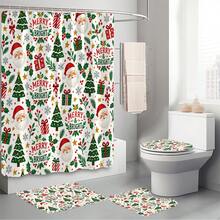 1pc/4pcs Cartoon Santa Claus Head Pattern Multi-Functional Bathroom Decor Shower Curtain Set, Free 12 Hooks, Premium Holiday Atmosphere, Bathroom Mat, U-Shaped Floor Mat And Round Toilet Lid Cover, Suitable For All Scenes Decoration, Bathroom Set - Cartoon Santa Claus Head - View 9