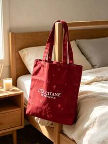 L'Occitane Red Canvas Tote Bag Double Sided Print Star Pattern Large Capacity Shoulder Handbag Casual Commute Beach Shopping Cosmetic Storage Gift Bag For Women - Red - View 3
