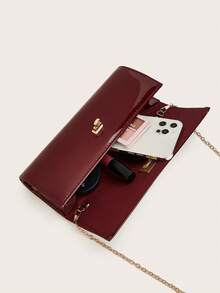REMANLAND Glossy Burgundy Handbag, Minimalist Square Design, Gold Hardware Accents, Decorative Pendant Chain, Fashionable Choice For Dinner Dates And Parties - Burgundy - View 5