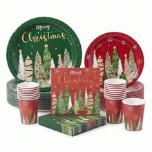 10/20/50/80 Pcs,Winter Holiday Merry Christmas Disposable Tableware Set,Red Green Christmas Tree Pattern 7 Inch & 9 Inch Paper Plates Napkins And 9oz Cups,Party Decor Supplies For Pre-Xmas Family Feast,Winter Solstice Dinner - Multicolor - View 1