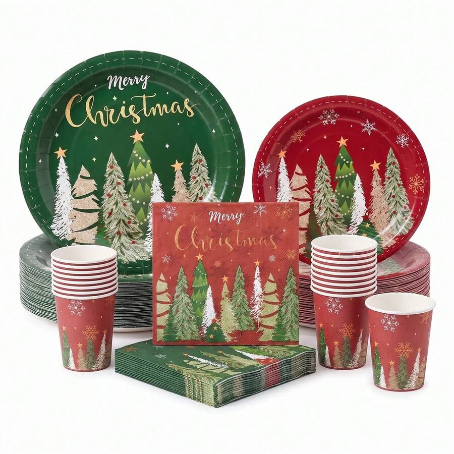 10/20/50/80 Pcs,Winter Holiday Merry Christmas Disposable Tableware Set,Red Green Christmas Tree Pattern 7 Inch & 9 Inch Paper Plates Napkins And 9oz Cups,Party Decor Supplies For Pre-Xmas Family Feast,Winter Solstice Dinner - Multicolor - View 1