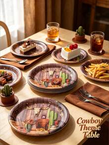 12/24pcs Set Of Plates, Dessert Plates, Western Cowboy Theme Paper Plates, 7-Inch Paper Plates, 9-Inch Paper Plates, Food Plates, Party Trays, Suitable For Receptions, Parties, Picnics And Various Holiday Decorations And Gifts - Multicolor - View 2