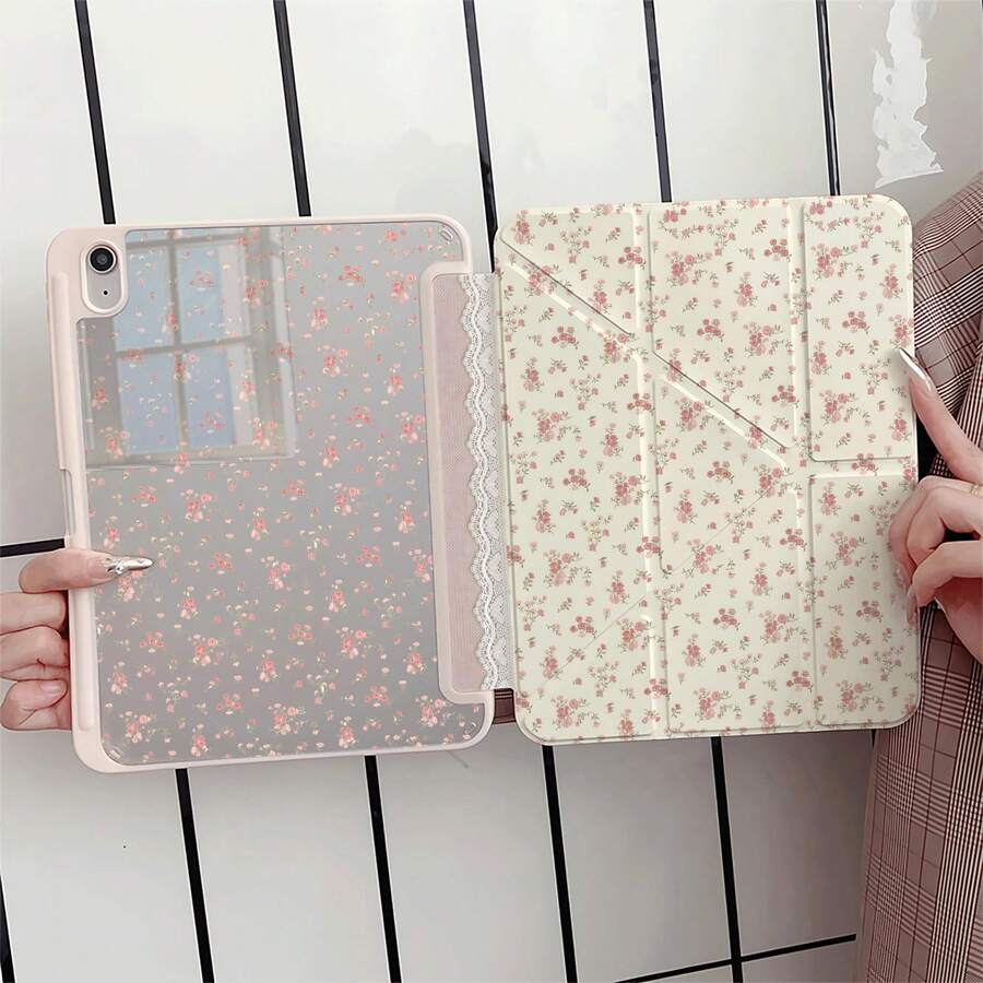 蕾絲粉色小碎花 Y 型支架保護平板保護套，附筆槽，相容 iPad 第 10 代 Smart Case/11(A16 2025)/相容 Galaxy S9/S7/S10+/相容 /相容