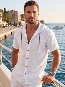 European & American Men's Slim Fit Linen Blend Button Hooded Short Sleeve Shirt, Lightweight Breathable Vacation Style, Fashion Outfit For Summer Autumn Back To School Halloween - White - View 1