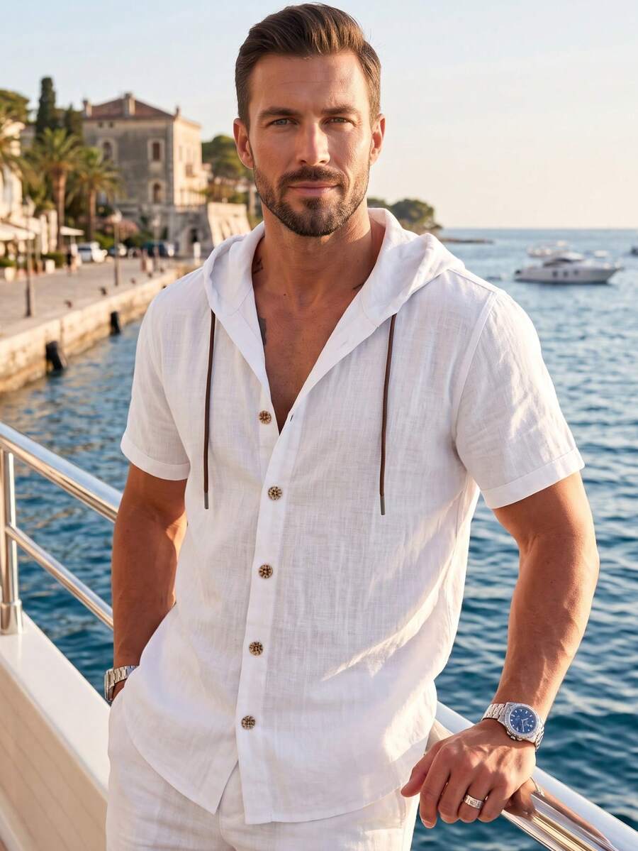 European & American Men's Slim Fit Linen Blend Button Hooded Short Sleeve Shirt, Lightweight Breathable Vacation Style, Fashion Outfit For Summer Autumn Back To School Halloween - White - View 1