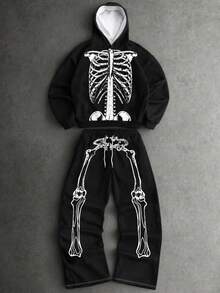 Setelan Pria Zrgoth: Hoodie Resleting Motif Tengkorak Penuh + Celana Jogging Lebar dengan Tali Serut, Gaya Gothic Hitam, Pakaian Kasual Jalanan Halloween 2 Potong - Hitam - View 5