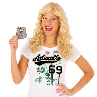 Adult White Chicks Style Comedy Costume Set - Printed Tee, Blonde Wig & Police Badge