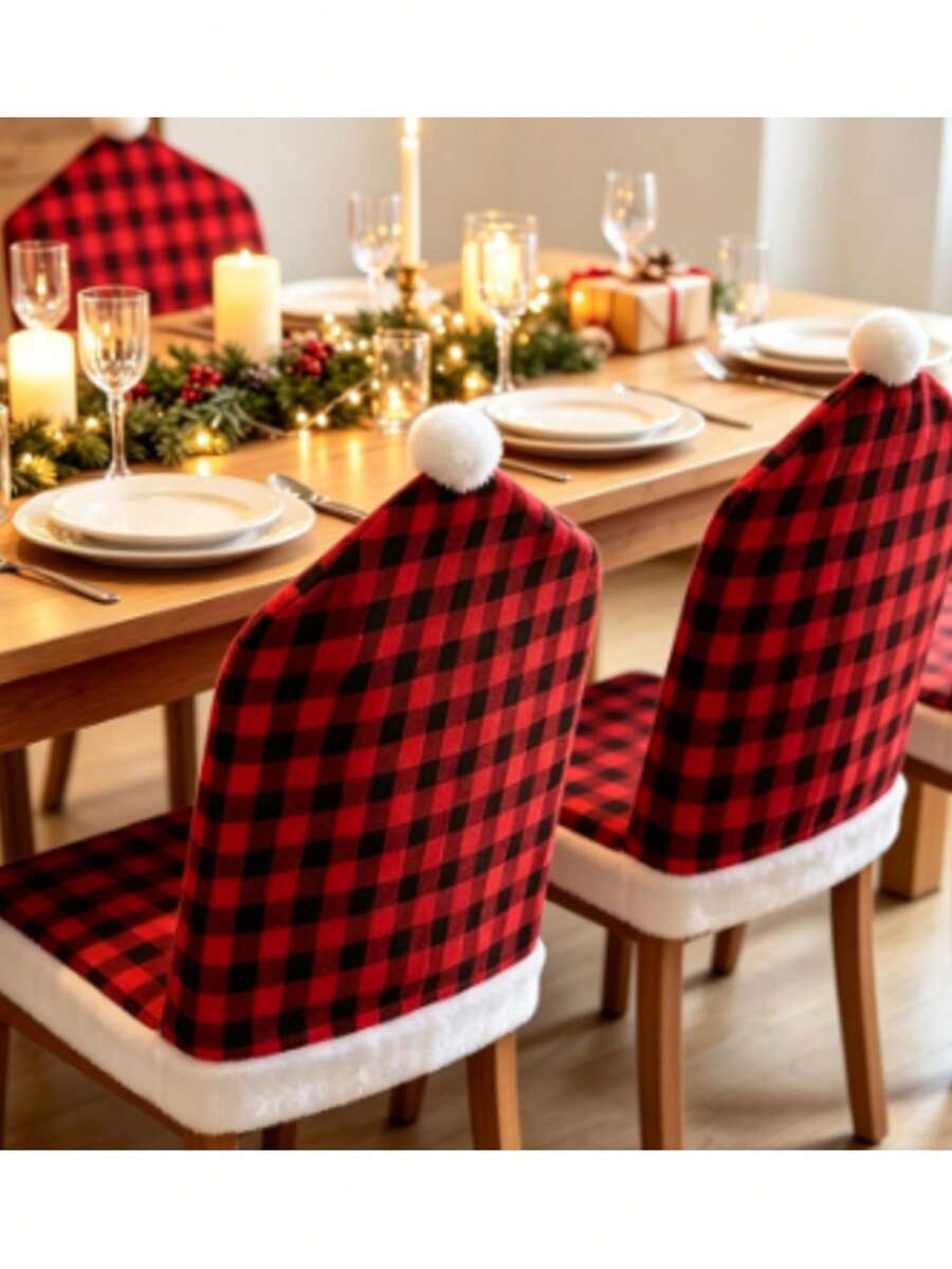 1pc Christmas Chair Cover Red & Black Plaid Decorative Christmas Chair Set - Multicolor - View 1