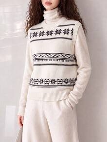 Women's Autumn/Winter Vintage Pattern Round Neck Pullover Vest - White - View 3