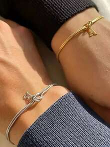1pc Minimalist Niche Gold Knotted Double Layer A-Z Letter Pendant Bracelet For Women, Suitable For Delicate Daily Wear And Gift Giving - Multicolor - View 4