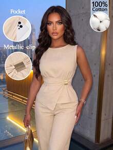 AIJ Women's Fashion Beige 2 Pieces Set, Tank Top And Wide Leg Pants, Elegant Casual Autumn Outfit, Suitable For Daily Commute, Office, Outings - Apricot - View 1