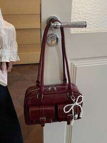 1pc Solid Color Multi-Pocket Zipper Women's Bag, Fashionable Multi-Functional PU Material Shoulder Bag, Suitable For Women's Daily Commute - Red - View 5