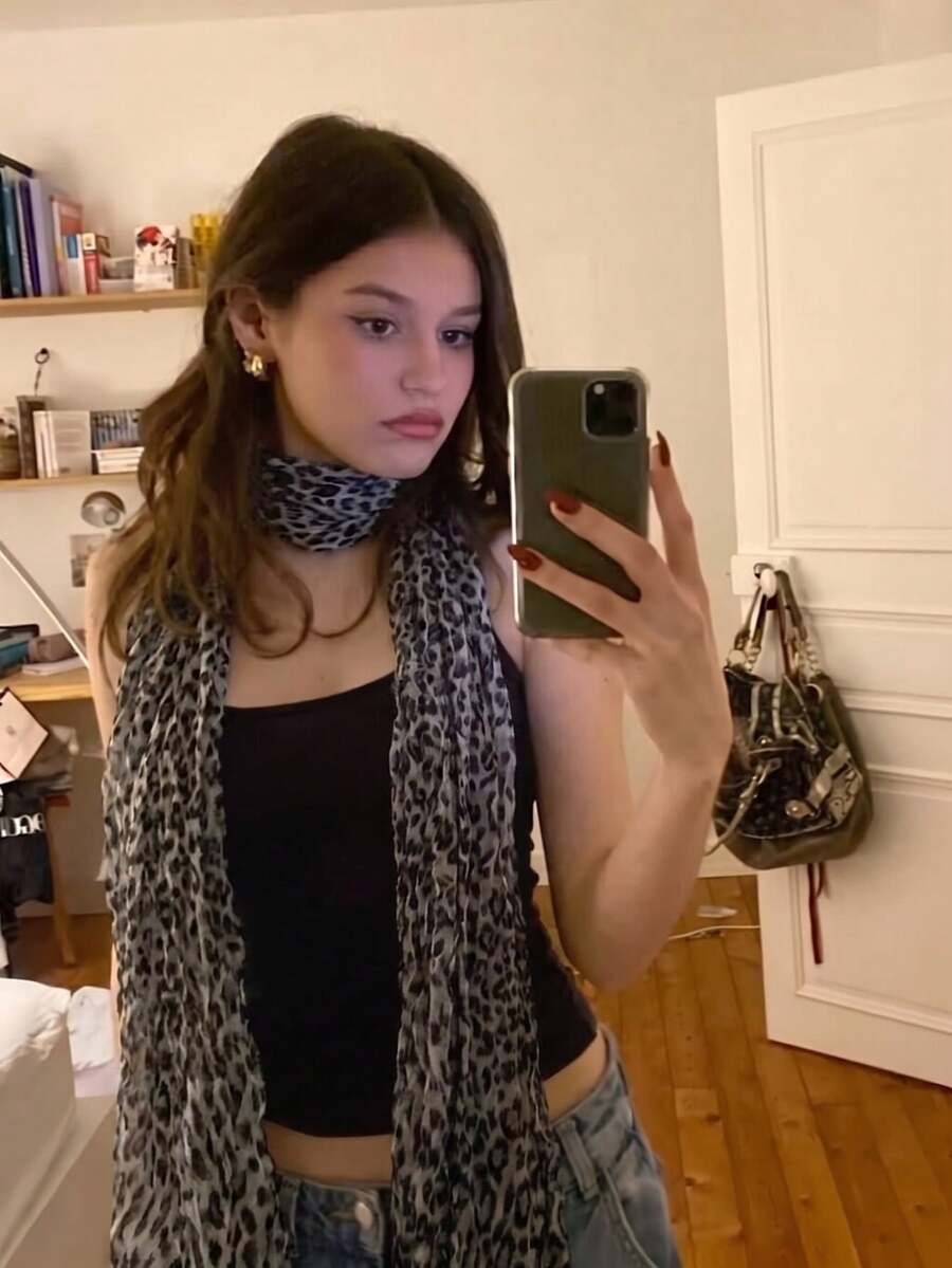 1PC Women's Vintage Leopard Print Lightweight Long Scarf, Suitable For Campus Party, Graduation Season, School Opening Ceremony, Beach Vacation, Wedding Formal Occasions, Enhancing Outfit Atmosphere Multifunctional Accessory - Gray Blue - View 1