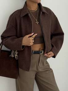 Women's Solid Color Long Sleeve Zipper Front Casual Jacket, Loose Fit Zipper Lapel Long Sleeve Outerwear, Street Style Layering Piece, Suitable For Autumn/Winter Daily Outfits - Dark Brown - View 8