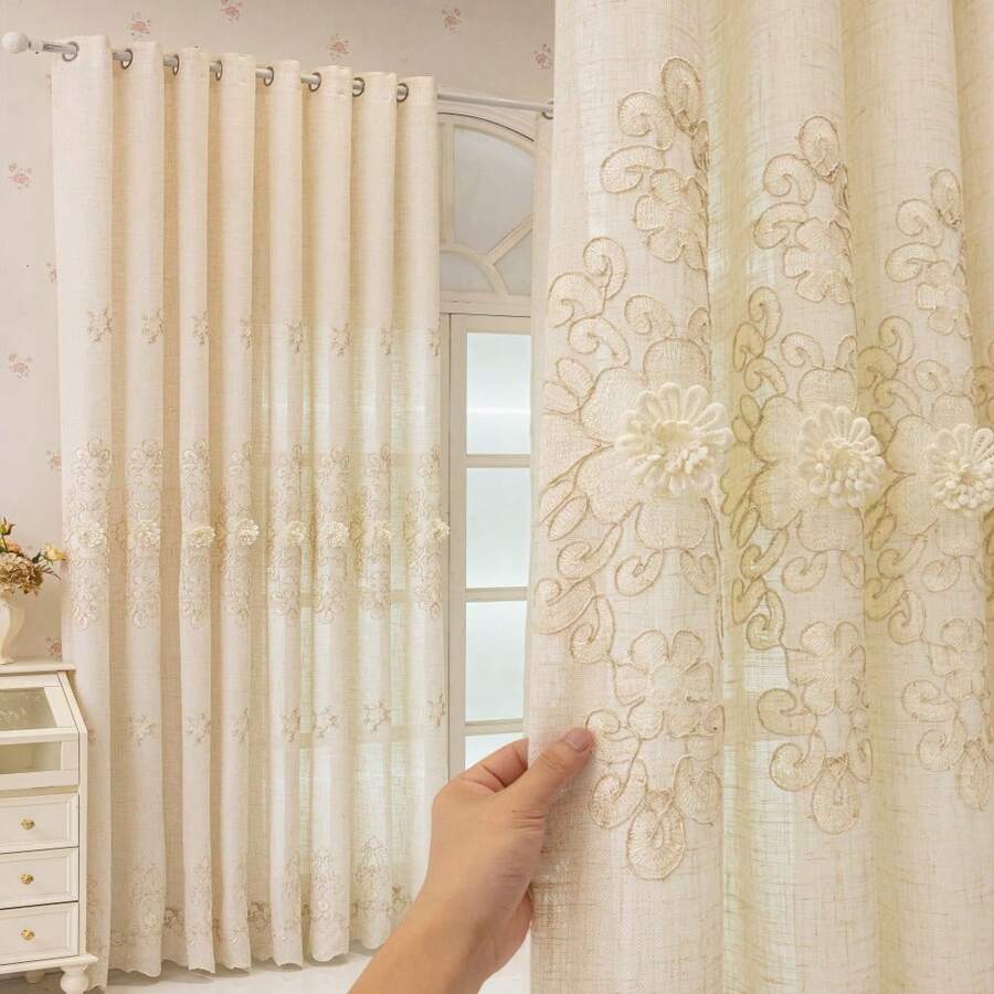 1pc Elegant 3D Floral Embroidered Curtains, Cream Beige Linen-Textured ...
