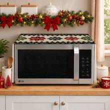 2DFLAT 1PC Polyester Pixel Snowflake Embroidered Microwave Dust Cover, Beige Base With Winter Holly Berry Red & Green Retro Christmas Kitchen Oil-Proof Cover Cloth - Multicolor - View 5