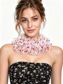 1pc Sheer Tulle Fake Collar With Red Heart Print, Detachable Ruffled Faux Collar With Ribbon Bow, Sweet Decor Accessory For Dress & Shirt Party Outfit - A - View 4