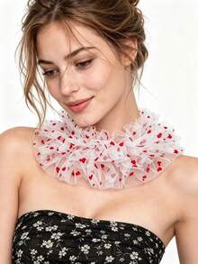 1pc Sheer Tulle Fake Collar With Red Heart Print, Detachable Ruffled Faux Collar With Ribbon Bow, Sweet Decor Accessory For Dress & Shirt Party Outfit - A - View 3