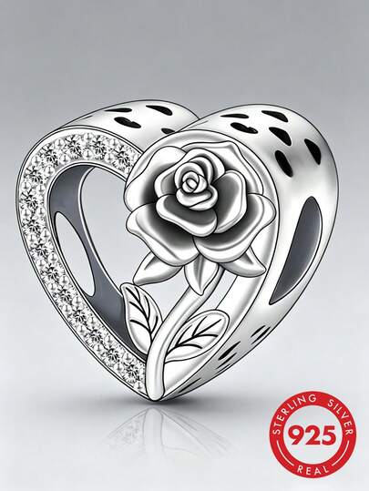 HuooNew 1pc Halloween Wolf & Rose 925 Sterling Silver Charm, Zirconia Inlaid, Enamel Dangle Bead, Silver Jewelry, Jewellery For Women For Bracelet Making