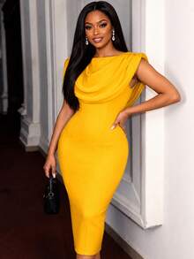 AOMEI Elegant Charming Yellow Slim Fit Midi Dress, With Draped High Neck Tank Design Fall - Yellow - View 2
