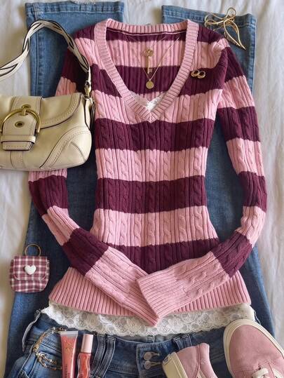 Women's Autumn/Winter Casual Cute Y2K Colorblock Cable Knit V-Neck Sweater Top, Preppy Style Dating Vintage Outfit, Pink